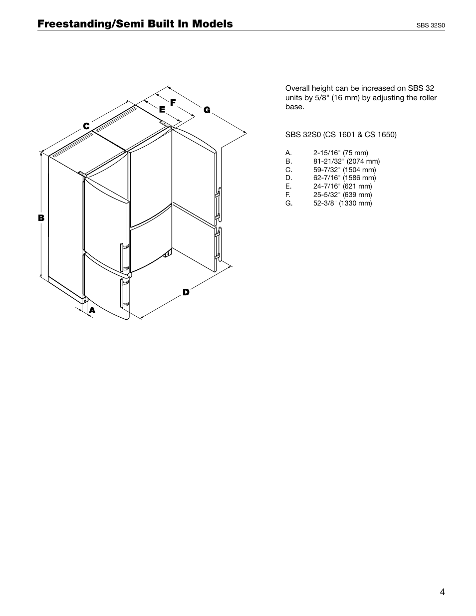 Cabinet opening dimensions, Freestanding/semi built in models | Liebherr 60 User Manual | Page 13 / 20