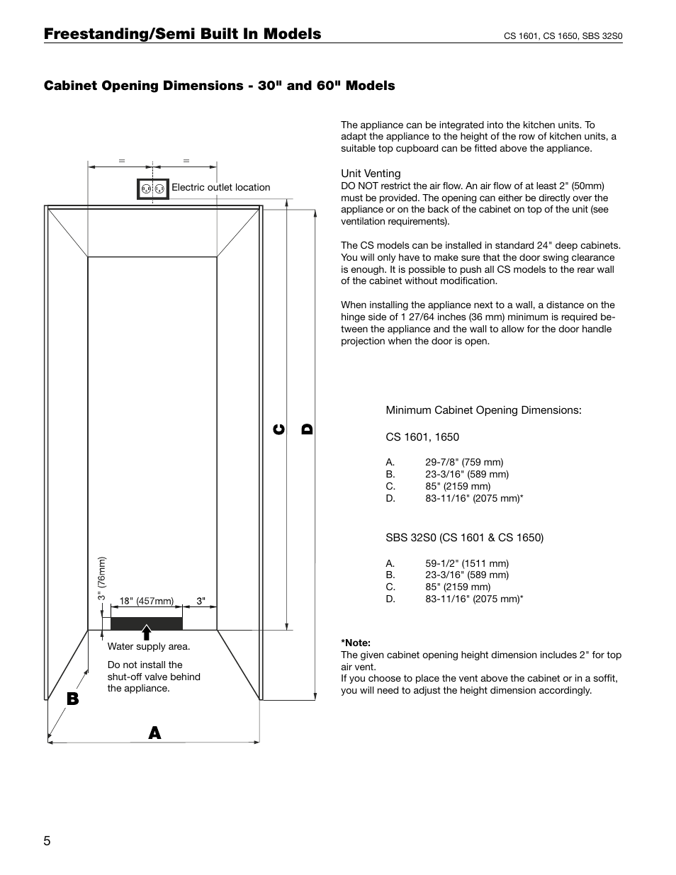 Freestanding/semi built in models, Cabinet opening dimensions - 30" and 60" models | Liebherr 60 User Manual | Page 14 / 20