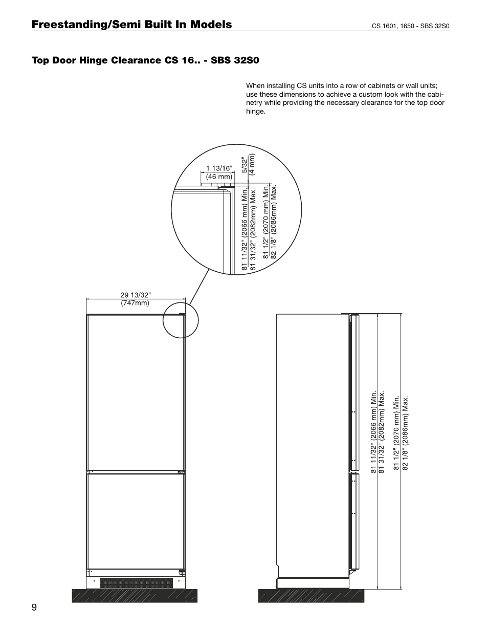 Top door hinge clearance cs 13.. - sbs 26s0, Top door hinge clearance cs 2062, Freestanding/semi built in models | Liebherr 60 User Manual | Page 18 / 20