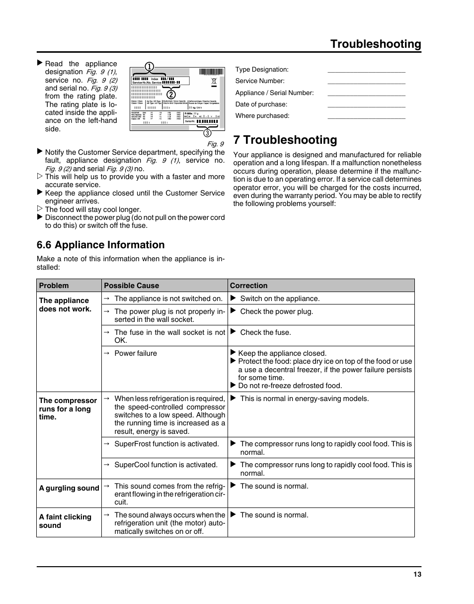 6appliance information, 7troubleshooting, 7 troubleshooting | Troubleshooting, 6 appliance information | Liebherr HC1011 User Manual | Page 13 / 52