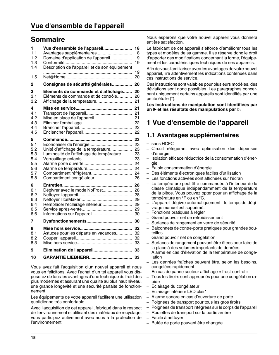 1vue d'ensemble de l'appareil, 1avantages supplémentaires, Sommaire | 1 vue d'ensemble de l'appareil, Vue d'ensemble de l'appareil, 1 avantages supplémentaires | Liebherr HC1011 User Manual | Page 18 / 52