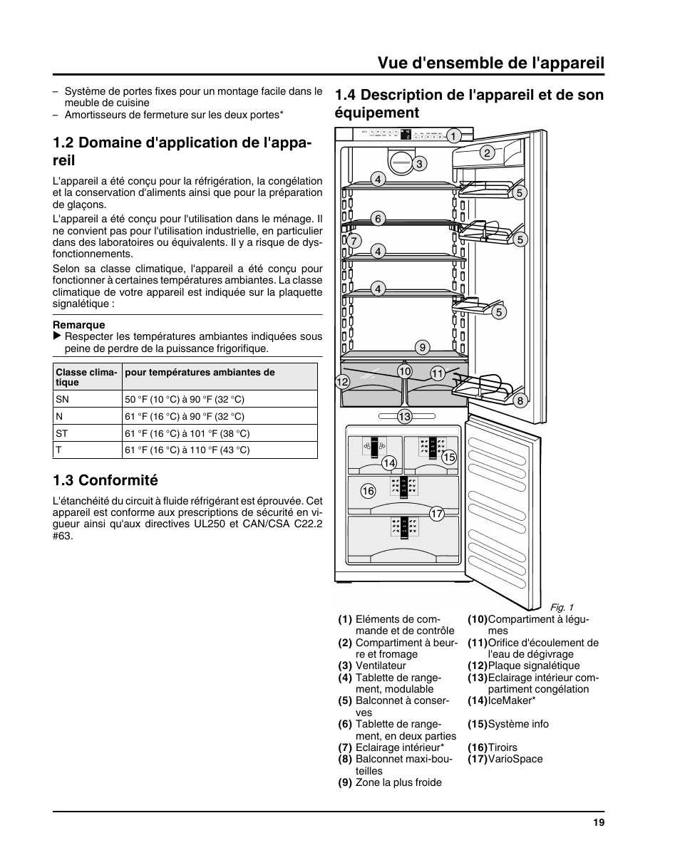 2domaine d'application de l'appareil, 3conformité, 4description de l'appareil et de son équipement | Vue d'ensemble de l'appareil, 2 domaine d'application de l'appa- reil, 3 conformité, 4 description de l'appareil et de son équipement | Liebherr HC1011 User Manual | Page 19 / 52