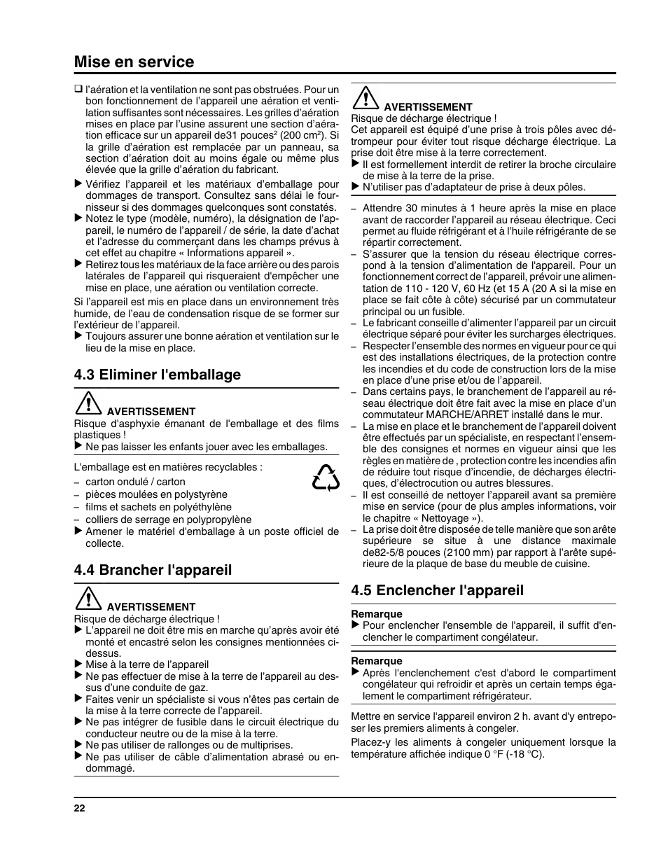 3eliminer l'emballage, 4brancher l'appareil, 5enclencher l'appareil | Mise en service, 3 eliminer l'emballage, 4 brancher l'appareil, 5 enclencher l'appareil | Liebherr HC1011 User Manual | Page 22 / 52