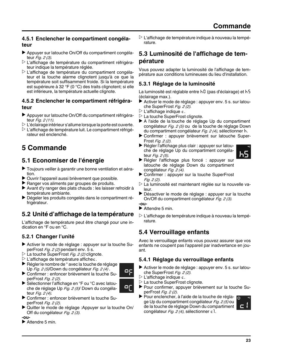 1enclencher le compartiment congélateur, 2enclencher le compartiment réfrigérateur, 5commande | 1economiser de l'énergie, 2unité d’affichage de la température, 1changer l’unité, 3luminosité de l'affichage de température, 1réglage de la luminosité, 4verrouillage enfants, 1réglage du verrouillage enfants | Liebherr HC1011 User Manual | Page 23 / 52