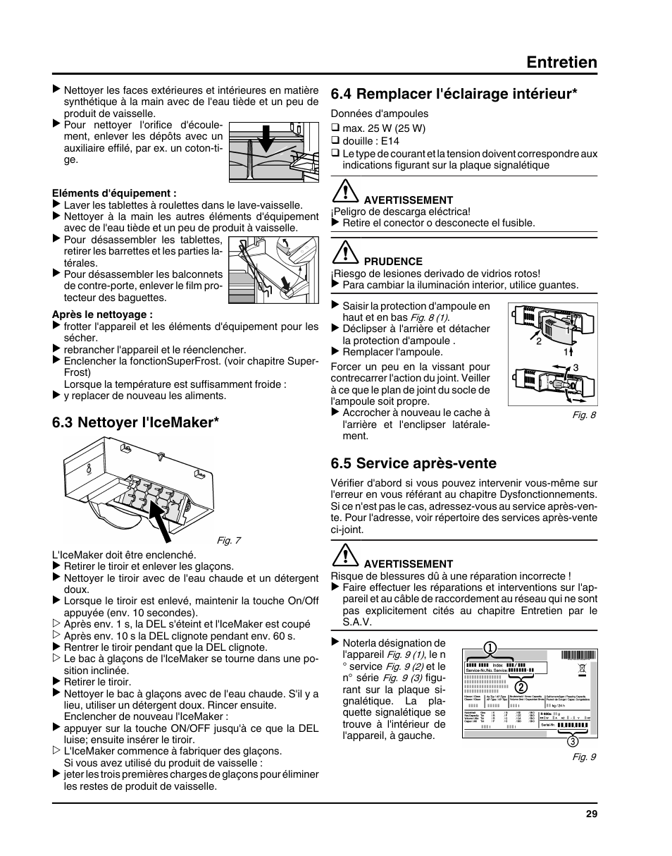 3nettoyer l'icemaker, 4remplacer l'éclairage intérieur, 5service après-vente | Entretien, 3 nettoyer l'icemaker, 4 remplacer l'éclairage intérieur, 5 service après-vente | Liebherr HC1011 User Manual | Page 29 / 52