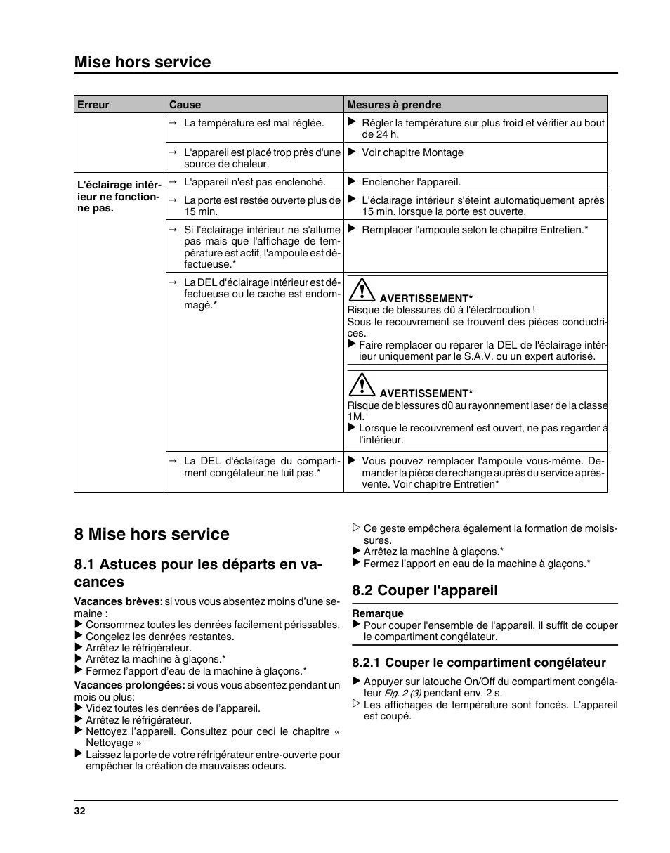 8mise hors service, 1astuces pour les départs en vacances, 2couper l'appareil | 1couper le compartiment congélateur, 8 mise hors service, Mise hors service, 1 astuces pour les départs en va- cances, 2 couper l'appareil | Liebherr HC1011 User Manual | Page 32 / 52