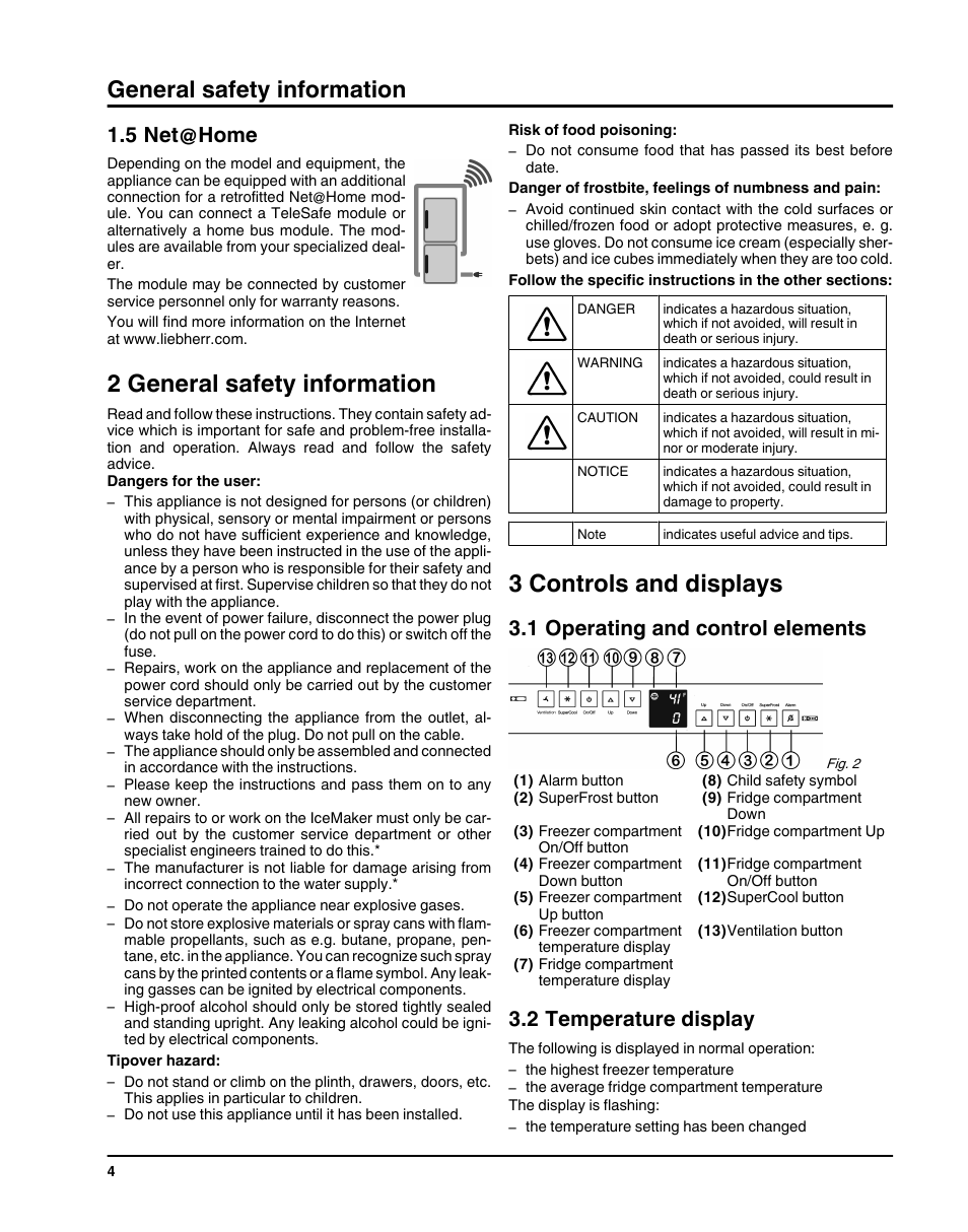 5net@home, 2general safety information, 3controls and displays | 1operating and control elements, 2temperature display, 2 general safety information, 3 controls and displays, General safety information, 5 net@home, 1 operating and control elements | Liebherr HC1011 User Manual | Page 4 / 52
