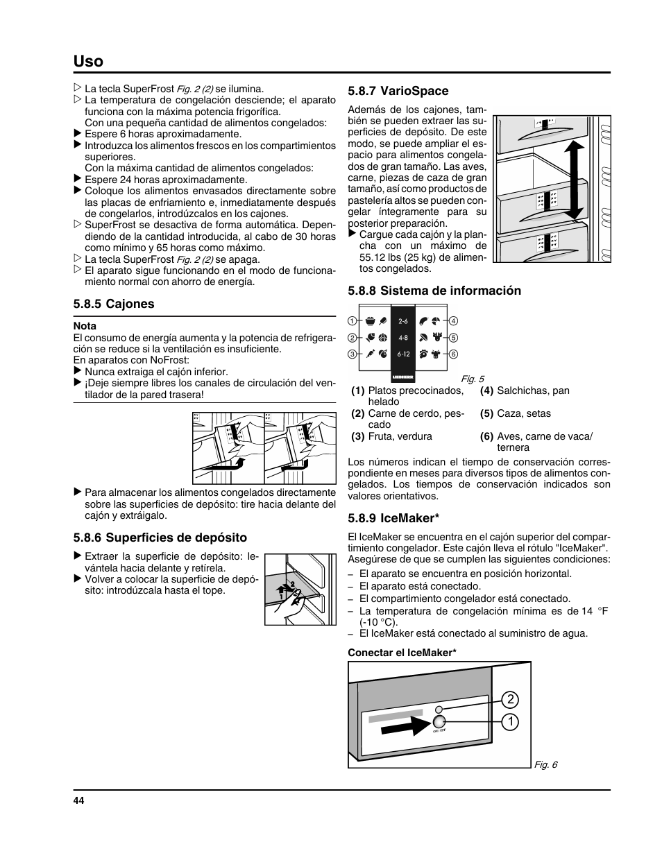 5cajones, 6superficies de depósito, 7variospace | 8sistema de información, 9icemaker | Liebherr HC1011 User Manual | Page 44 / 52