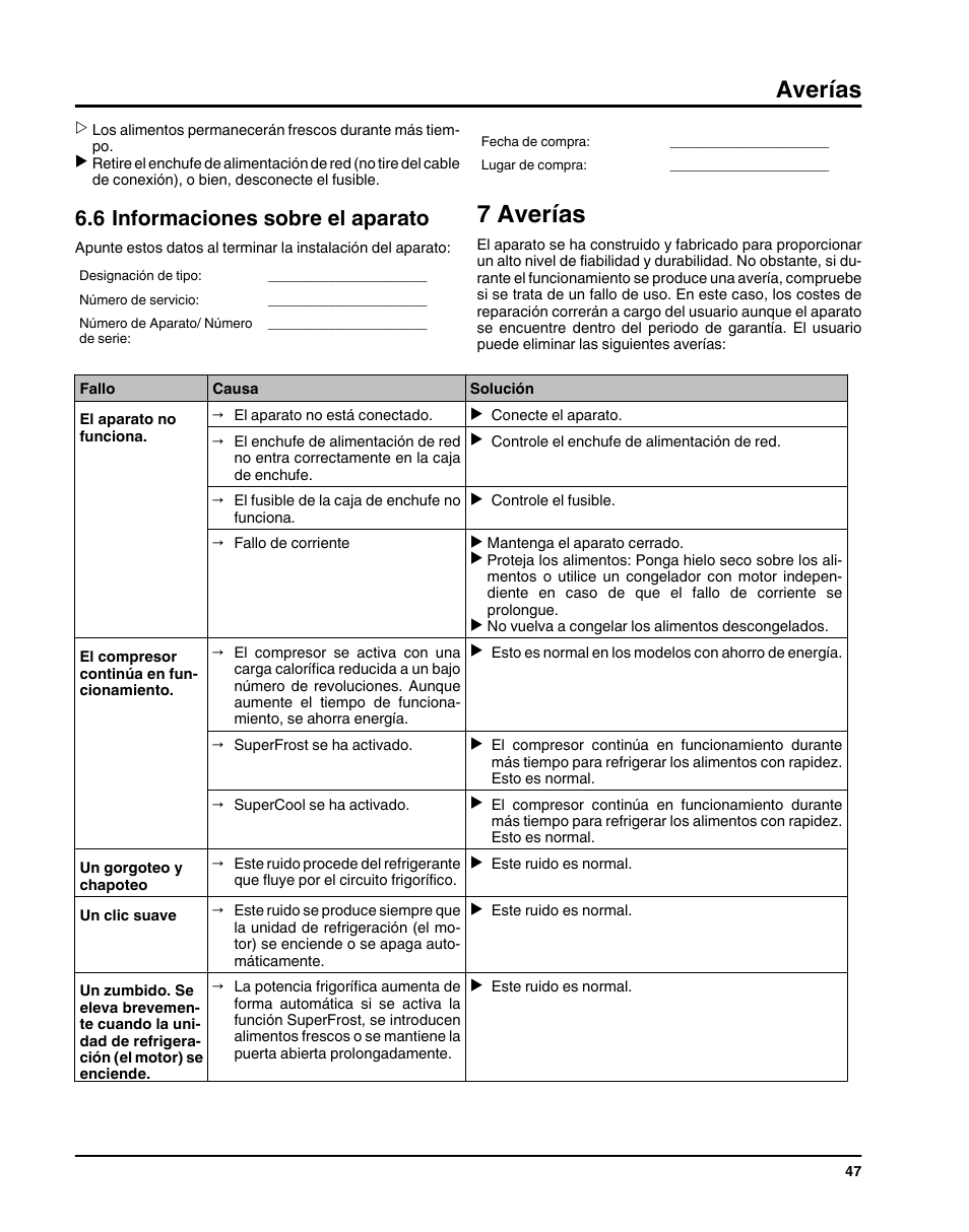 6informaciones sobre el aparato, 7averías, 7 averías | Averías, 6 informaciones sobre el aparato | Liebherr HC1011 User Manual | Page 47 / 52