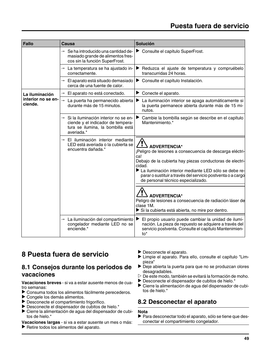 8puesta fuera de servicio, 1consejos durante los periodos de vacaciones, 2desconectar el aparato | 8 puesta fuera de servicio, Puesta fuera de servicio, 1 consejos durante los periodos de vacaciones, 2 desconectar el aparato | Liebherr HC1011 User Manual | Page 49 / 52