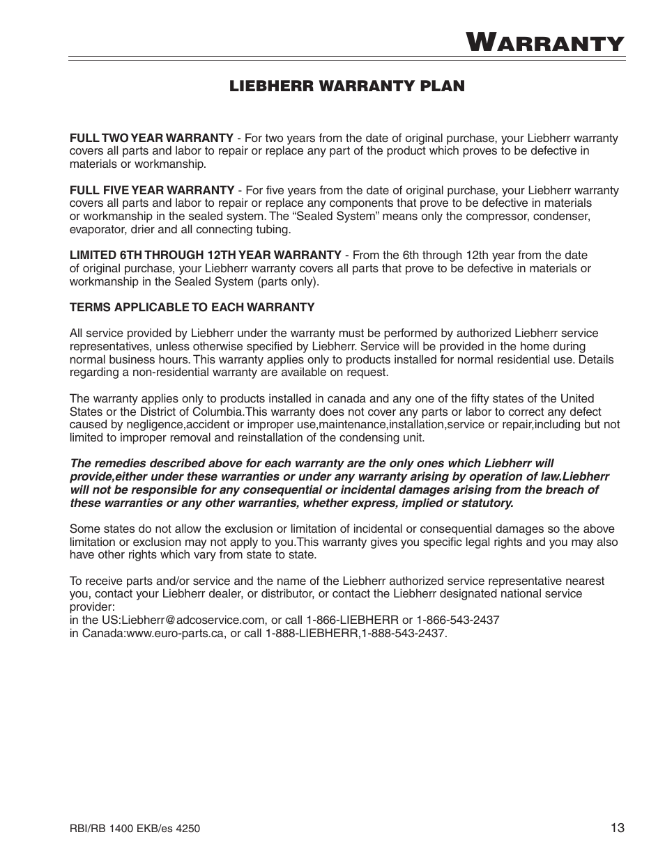 Arranty | Liebherr R1400 User Manual | Page 17 / 17