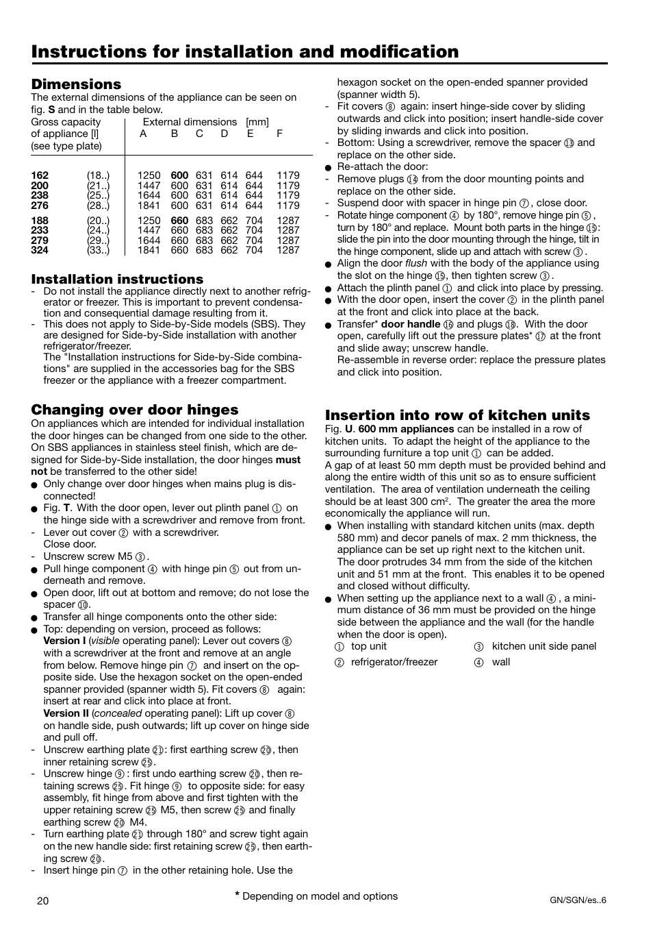 Instructions for installation and modiﬁcation, Dimensions, Changing over door hinges | Insertion into row of kitchen units | Liebherr 7082 300-03 User Manual | Page 10 / 11
