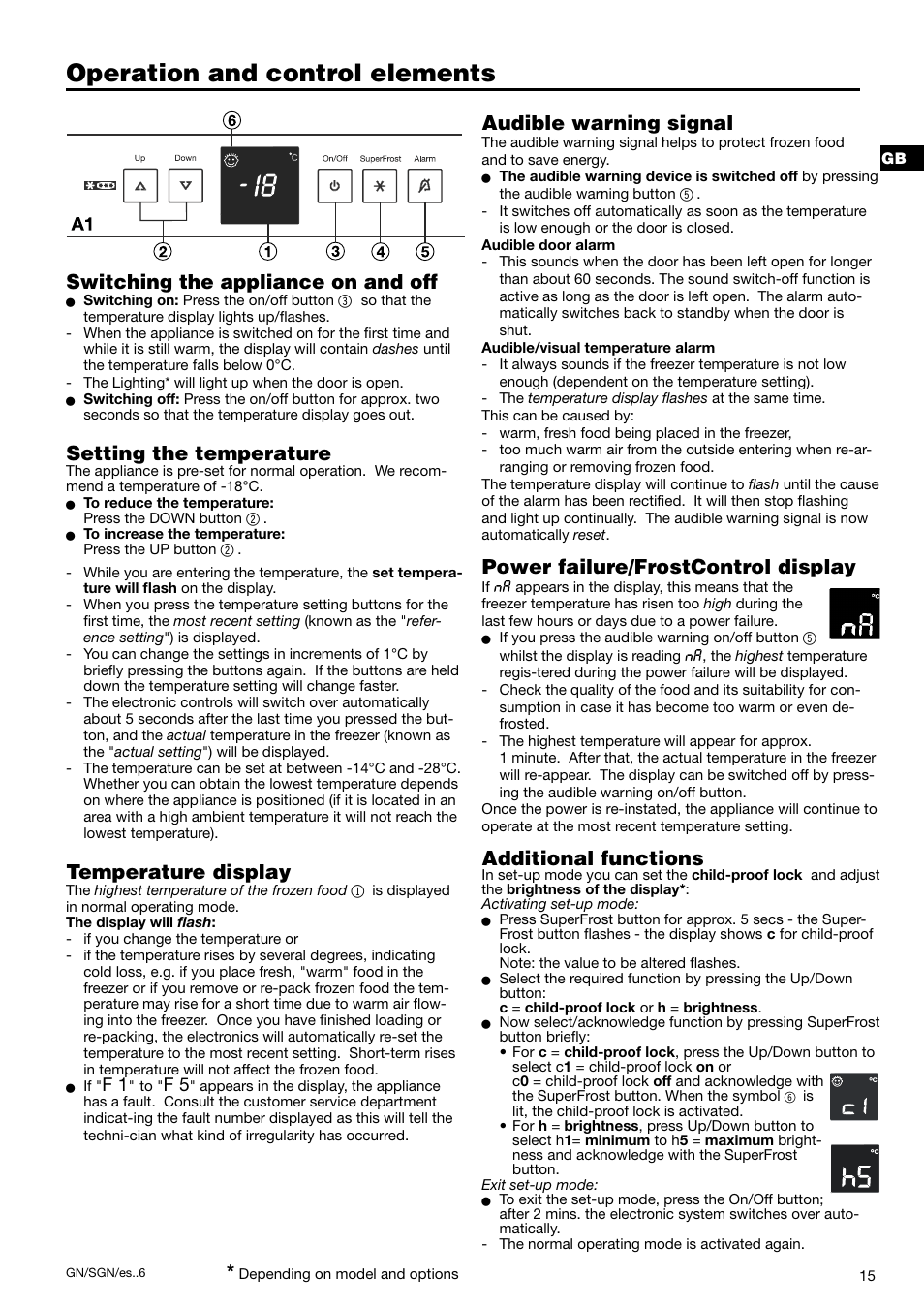 Operation and control elements, Switching the appliance on and off, Setting the temperature | Temperature display, Audible warning signal, Power failure/frostcontrol display, Additional functions | Liebherr 7082 300-03 User Manual | Page 5 / 11
