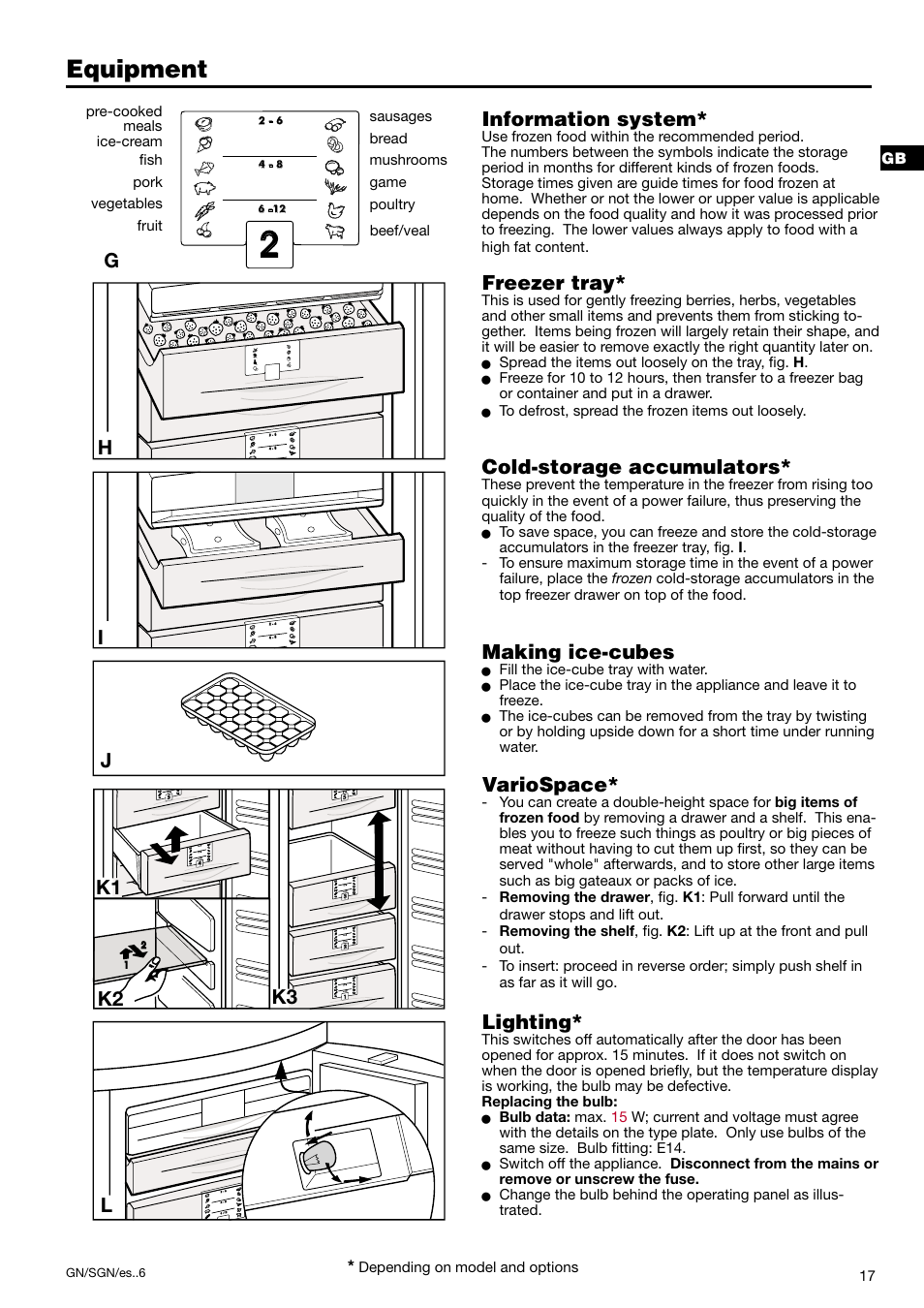 Equipment, Information system, Freezer tray | Cold-storage accumulators, Making ice-cubes, Variospace, Lighting, K1 k2 k3 | Liebherr 7082 300-03 User Manual | Page 7 / 11