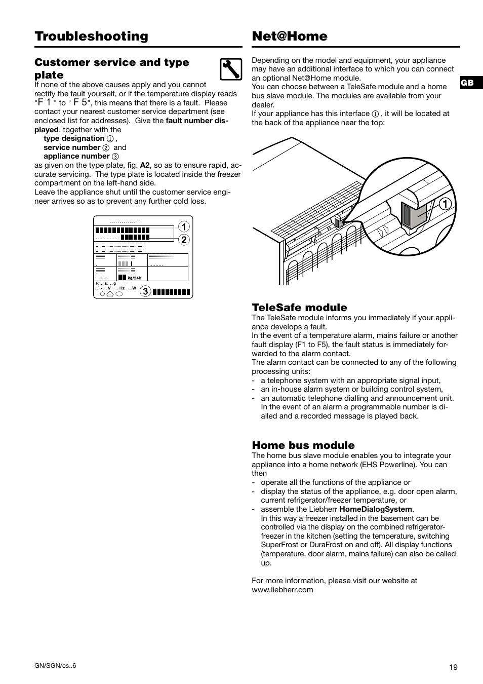 Troubleshooting net@home, Customer service and type plate, Telesafe module | Home bus module | Liebherr 7082 300-03 User Manual | Page 9 / 11