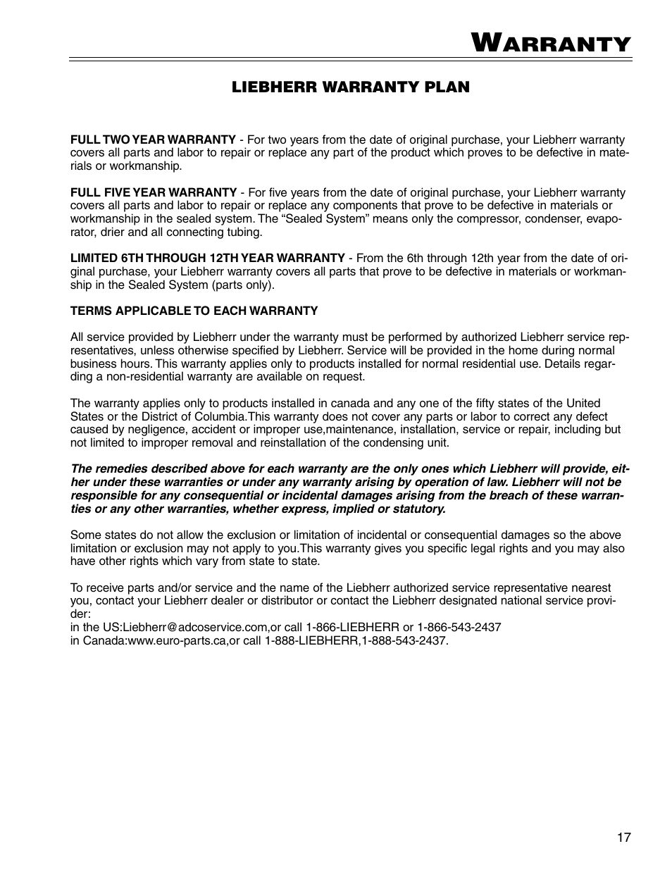 Arranty | Liebherr WS14300 User Manual | Page 17 / 17