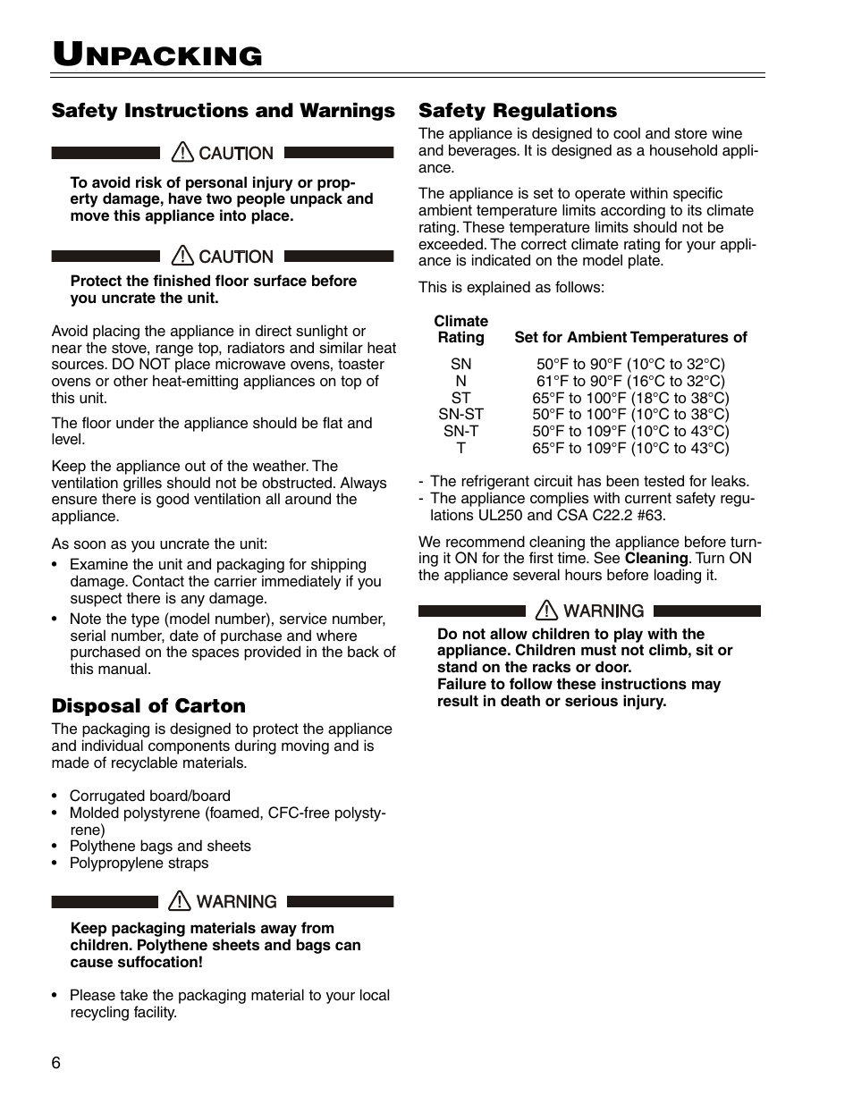 Npacking, Safety regulations, Safety instructions and warnings | Disposal of carton | Liebherr WS14300 User Manual | Page 6 / 17