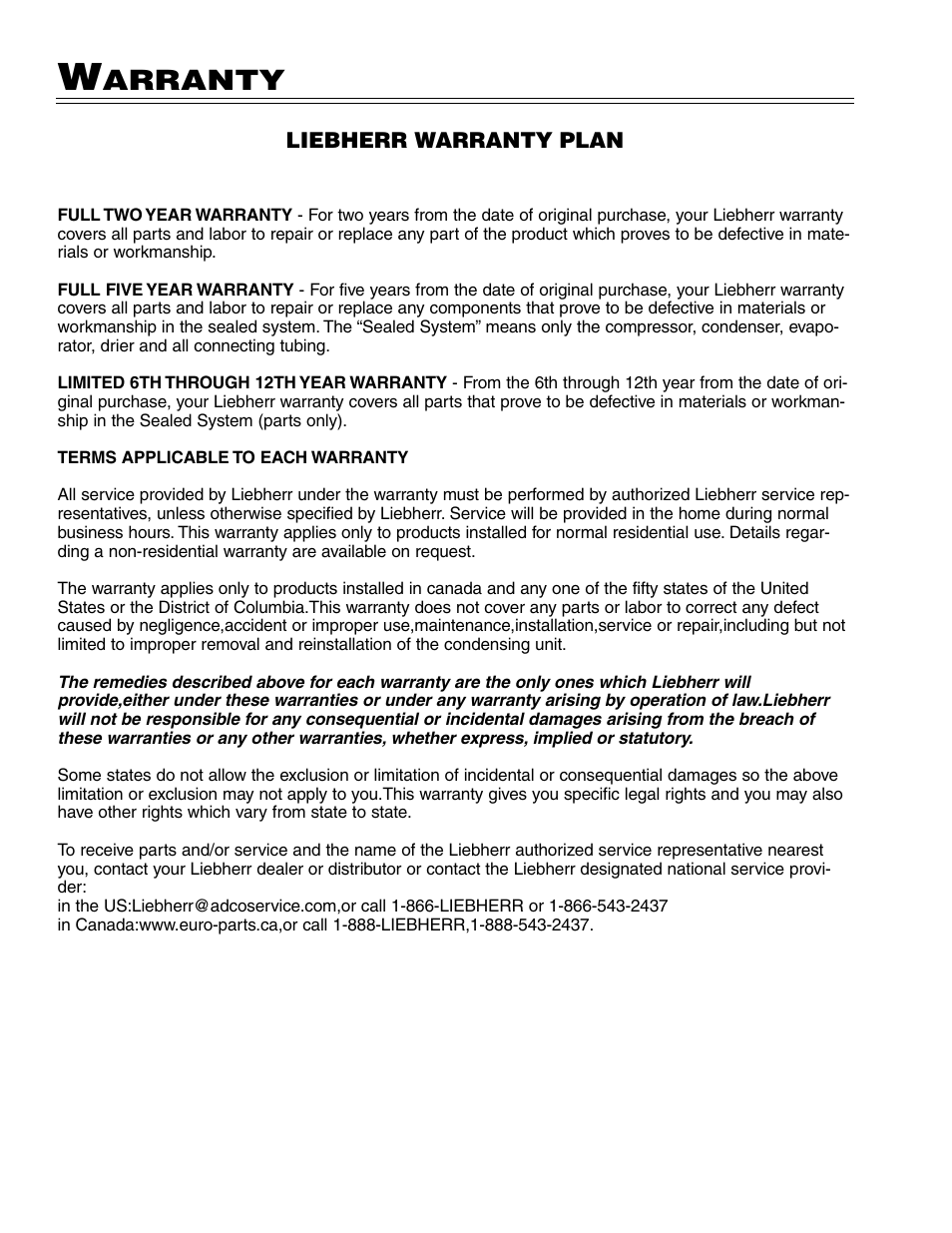 Arranty | Liebherr WU 56 User Manual | Page 16 / 16