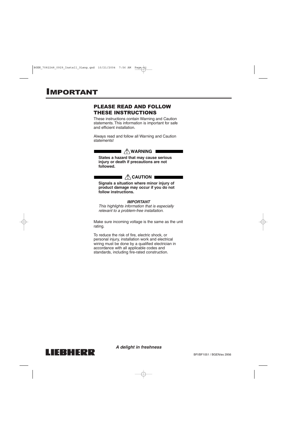 Mportant | Liebherr BF1051 User Manual | Page 2 / 110