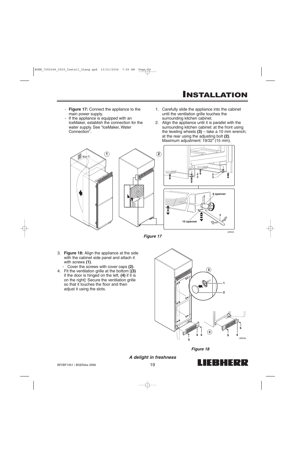 Nstallation | Liebherr BF1051 User Manual | Page 21 / 110