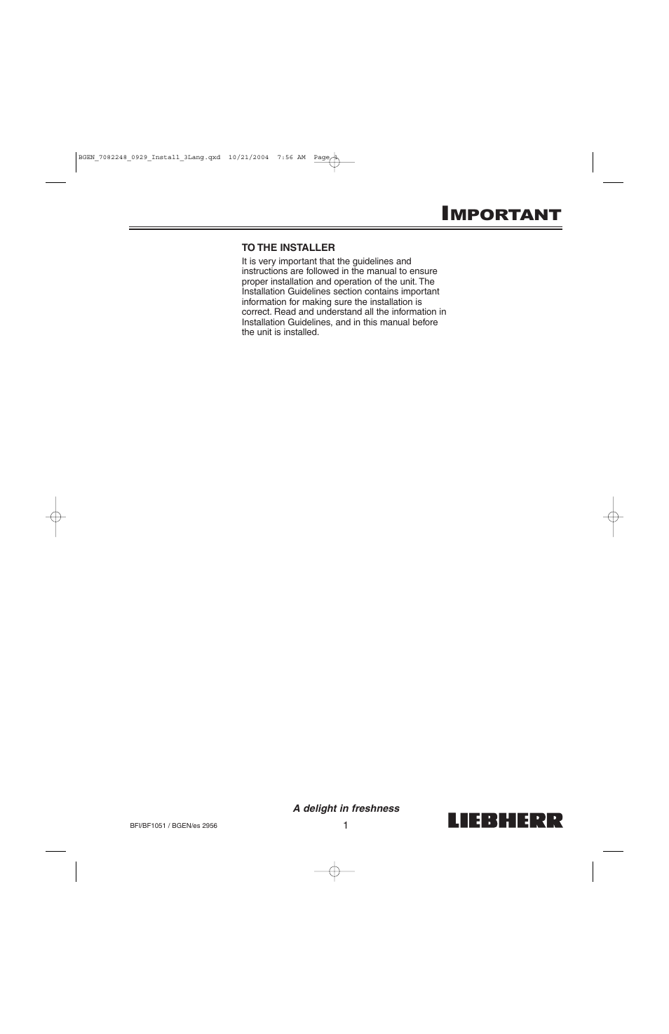 Mportant | Liebherr BF1051 User Manual | Page 3 / 110