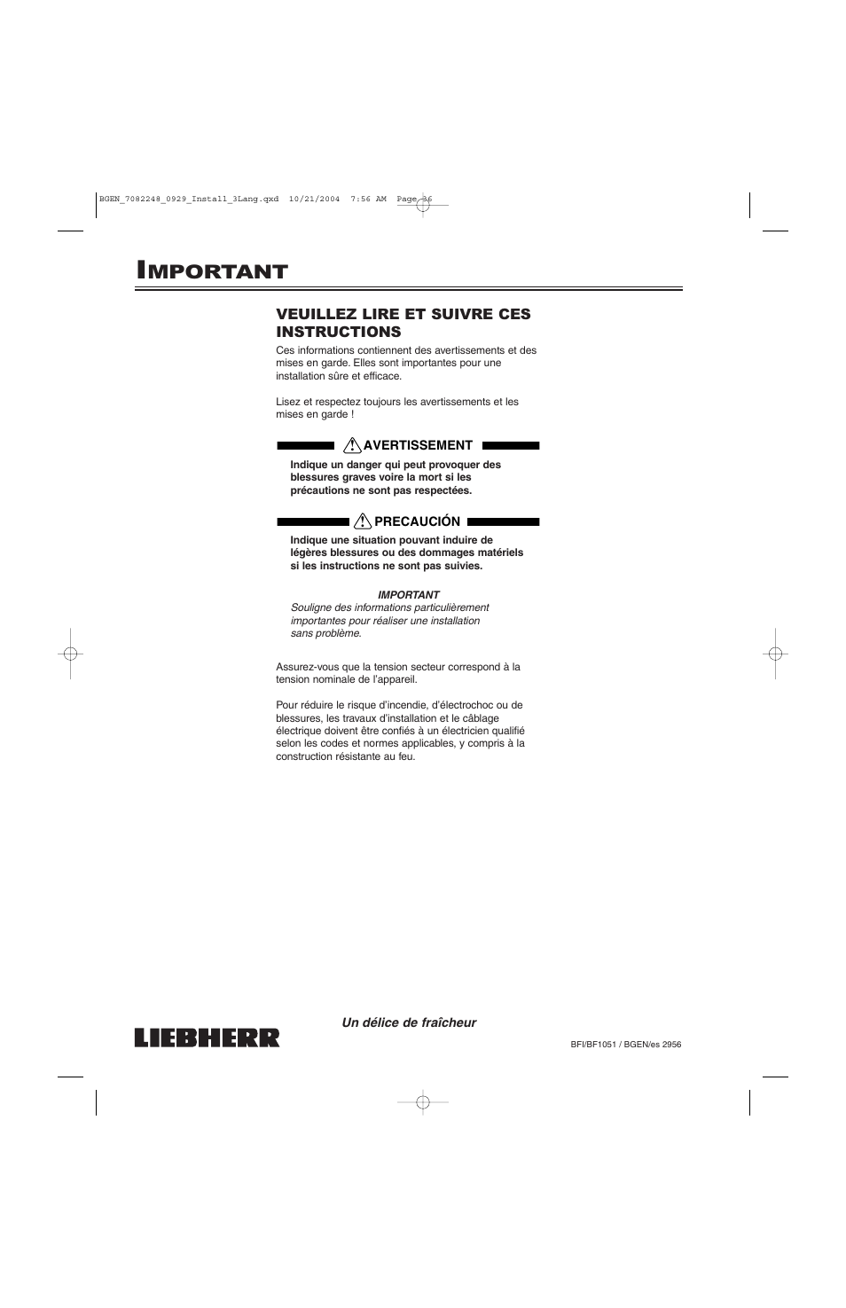 Mportant | Liebherr BF1051 User Manual | Page 38 / 110