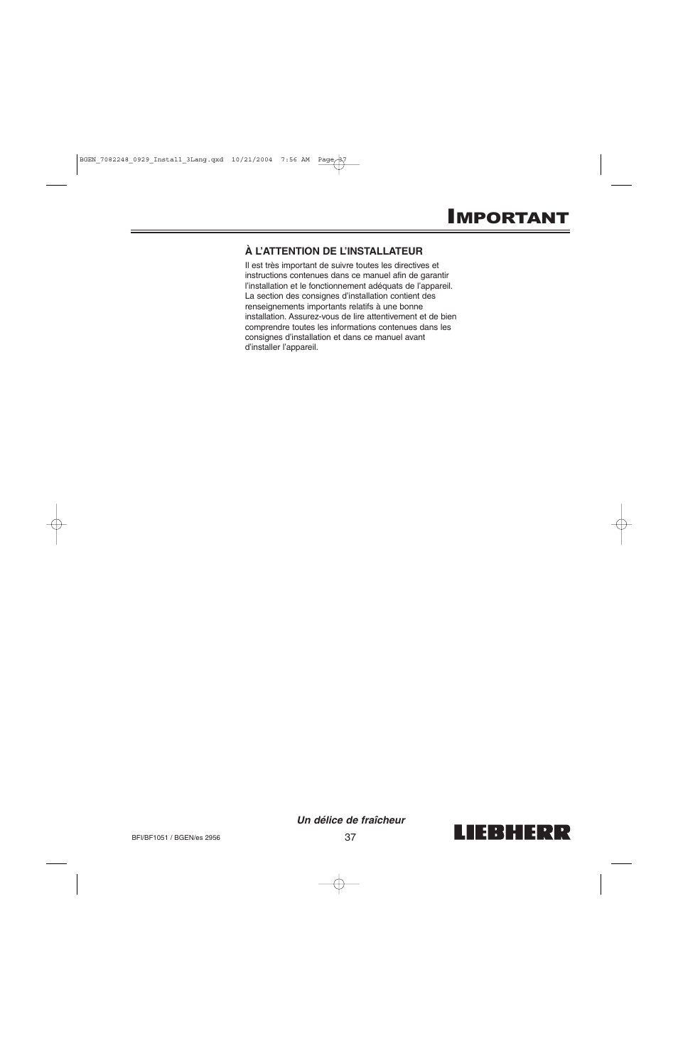 Mportant | Liebherr BF1051 User Manual | Page 39 / 110