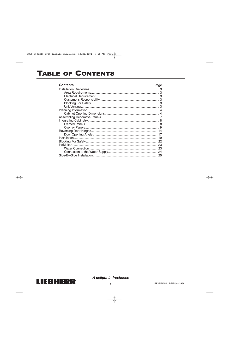 Able of, Ontents | Liebherr BF1051 User Manual | Page 4 / 110