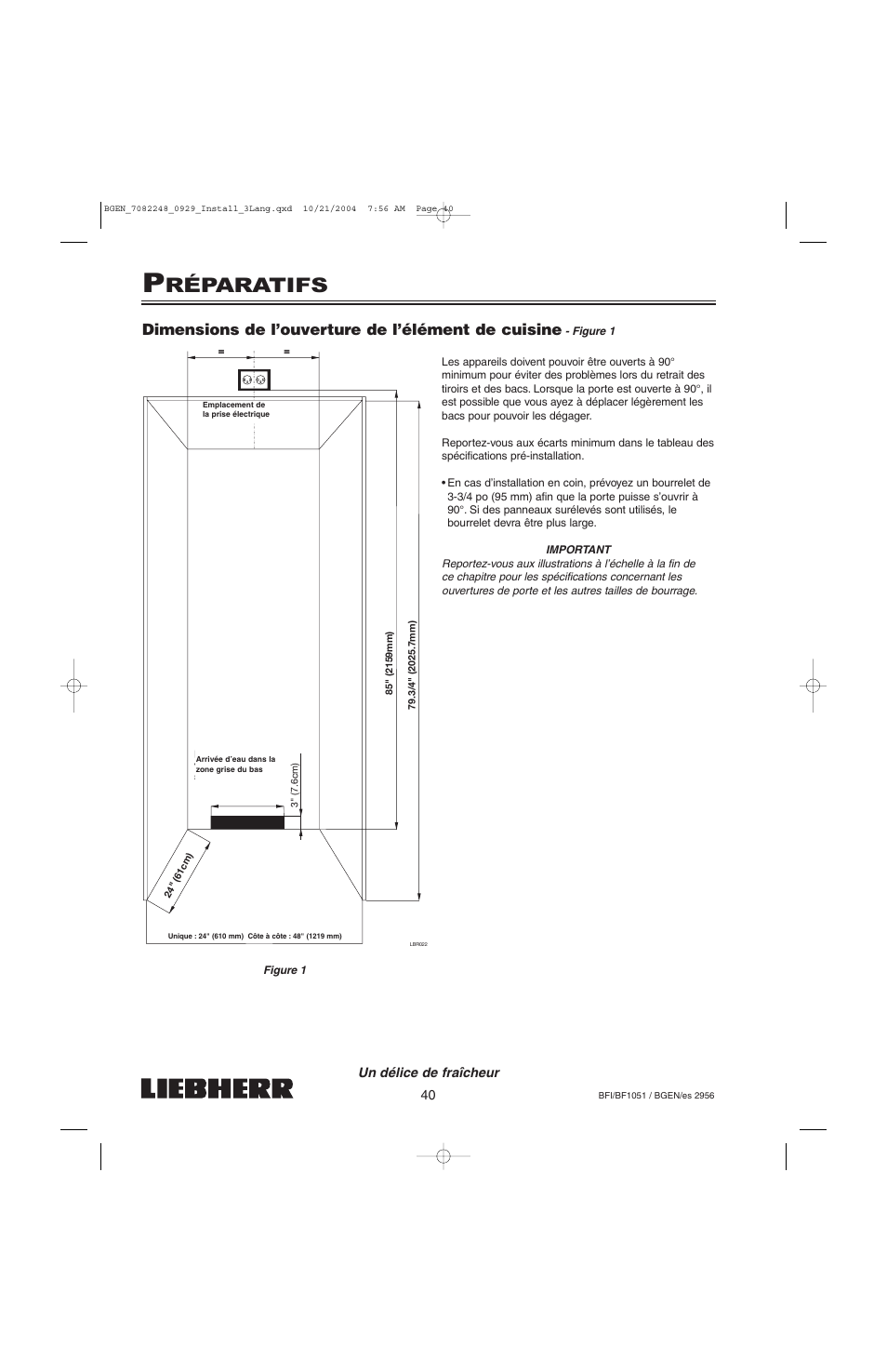 Réparatifs, Dimensions de l’ouverture de l’élément de cuisine | Liebherr BF1051 User Manual | Page 42 / 110