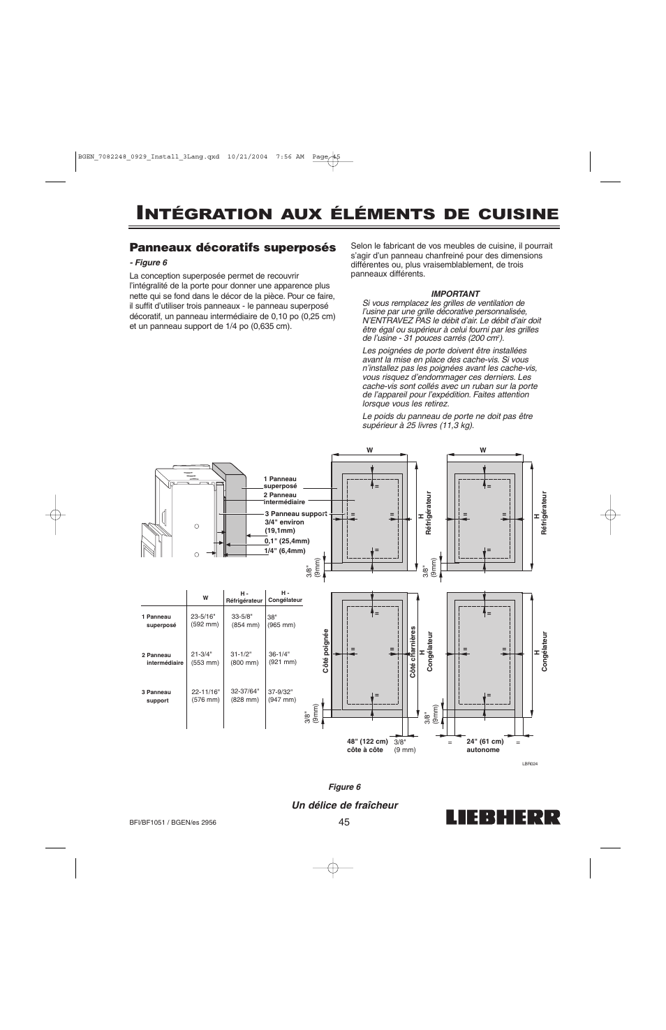 Ntégration aux éléments de cuisine, Panneaux décoratifs superposés, Un délice de fraîcheur | Liebherr BF1051 User Manual | Page 47 / 110