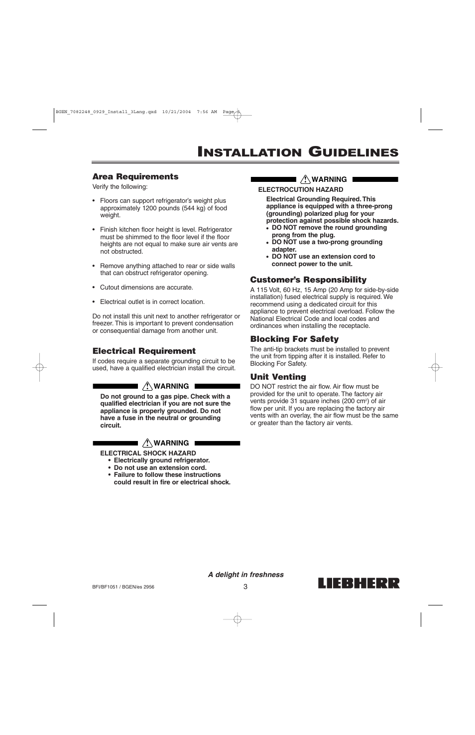 Nstallation, Uidelines | Liebherr BF1051 User Manual | Page 5 / 110