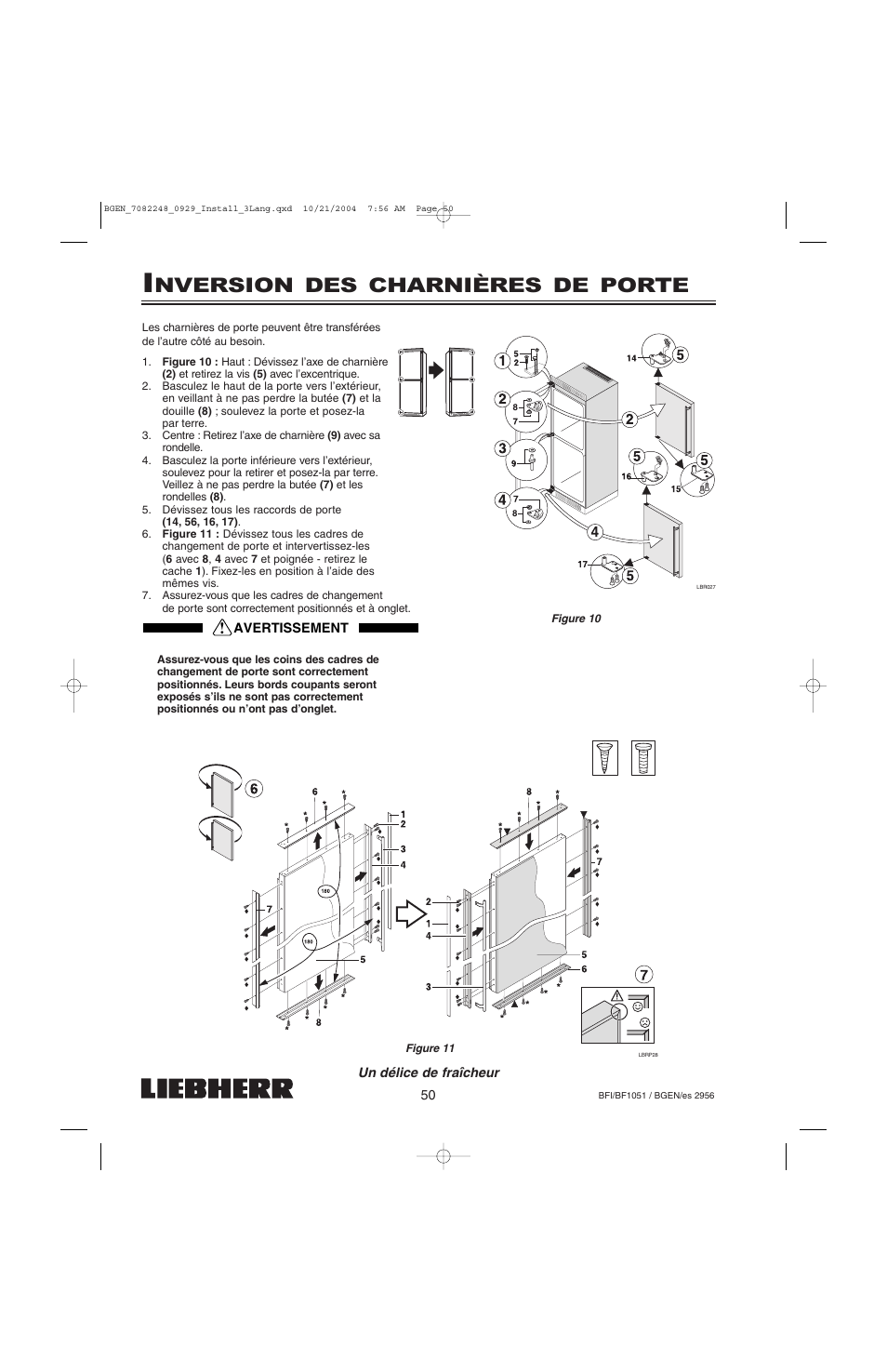 Nversion des charnières de porte | Liebherr BF1051 User Manual | Page 52 / 110