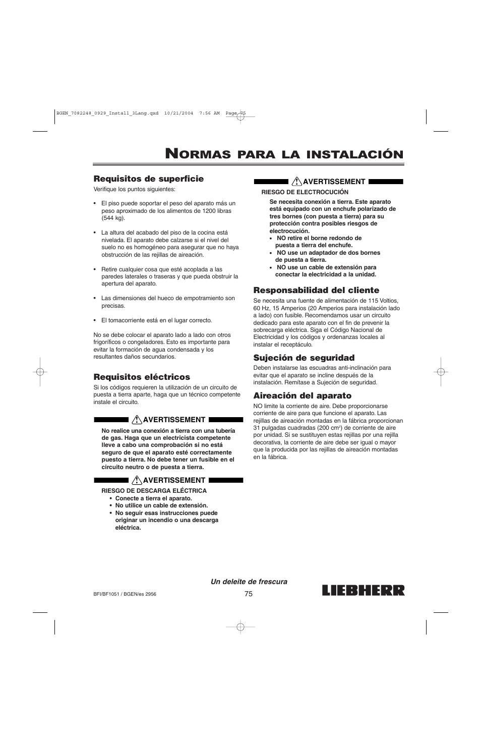 Ormas para la instalación | Liebherr BF1051 User Manual | Page 77 / 110