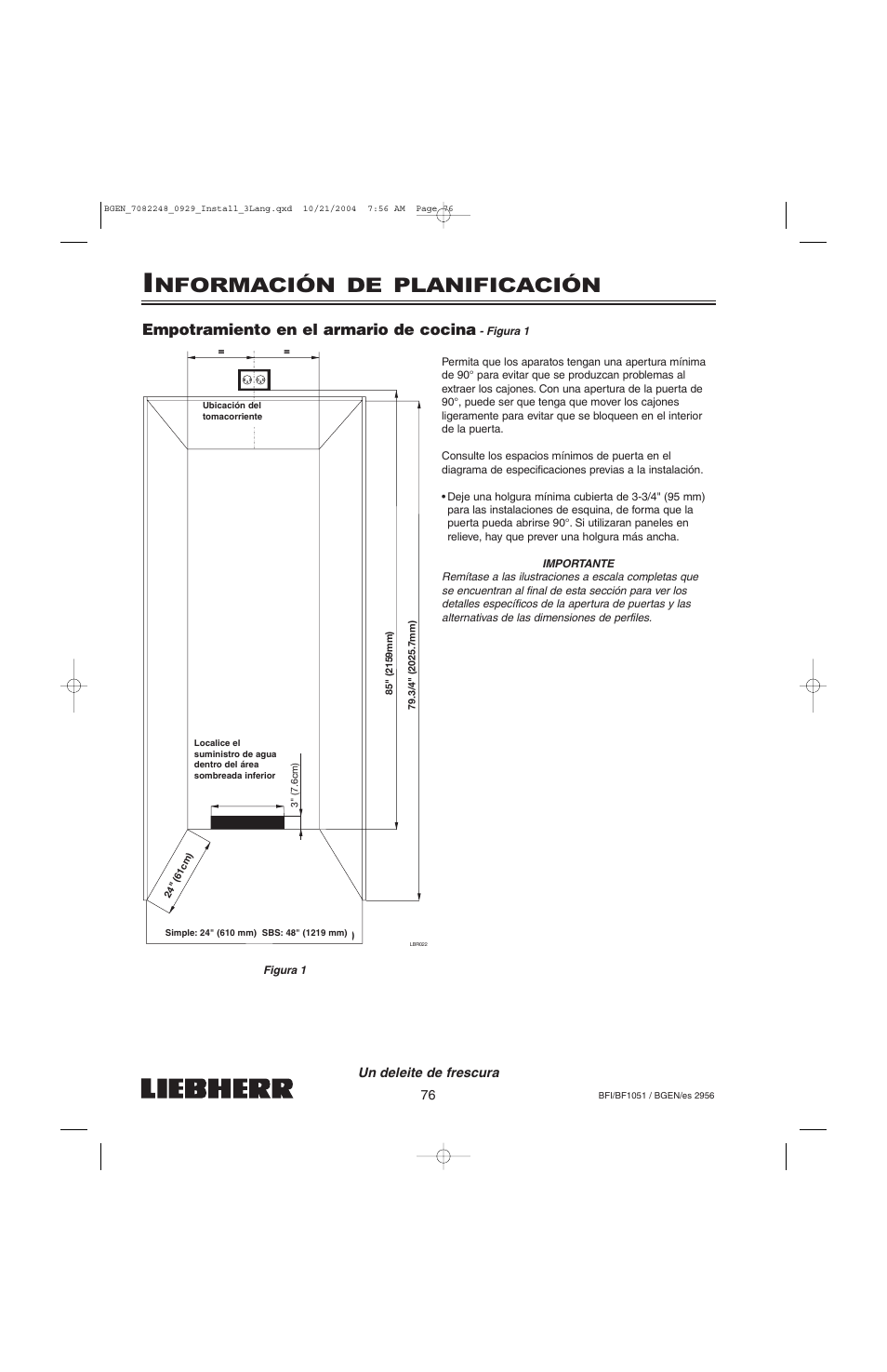 Nformación de planificación, Empotramiento en el armario de cocina | Liebherr BF1051 User Manual | Page 78 / 110