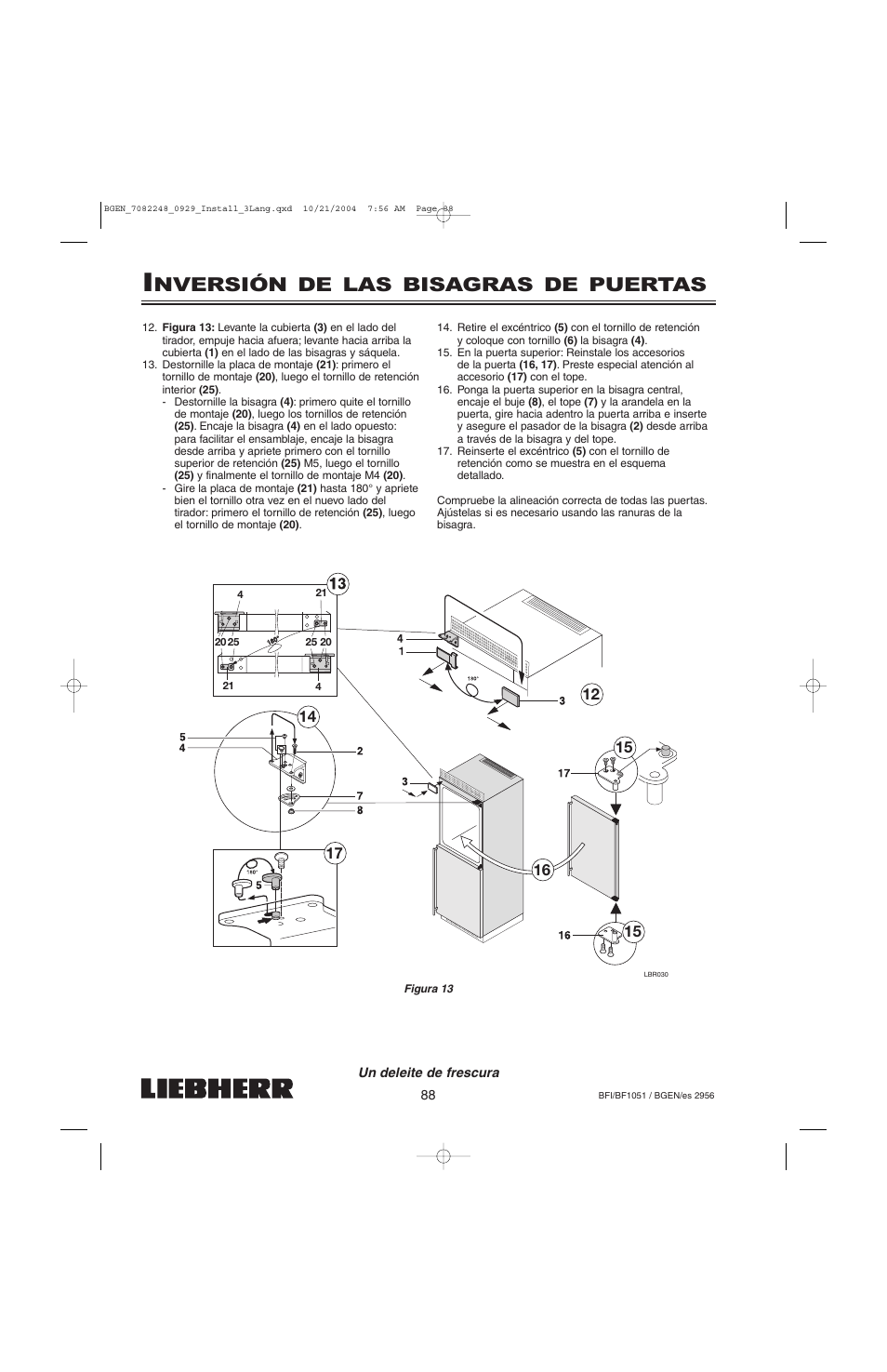 Nversión de las bisagras de puertas | Liebherr BF1051 User Manual | Page 90 / 110