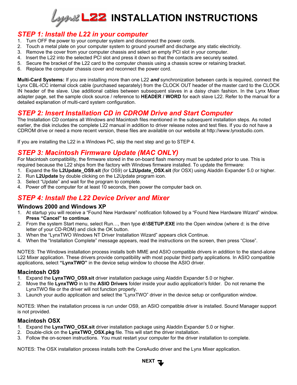 Installation instructions, Step 1: install the l22 in your computer, Step 3: macintosh firmware update (mac only) | Step 4: install the l22 device driver and mixer | Lynx Audio Cable User Manual | Page 2 / 2