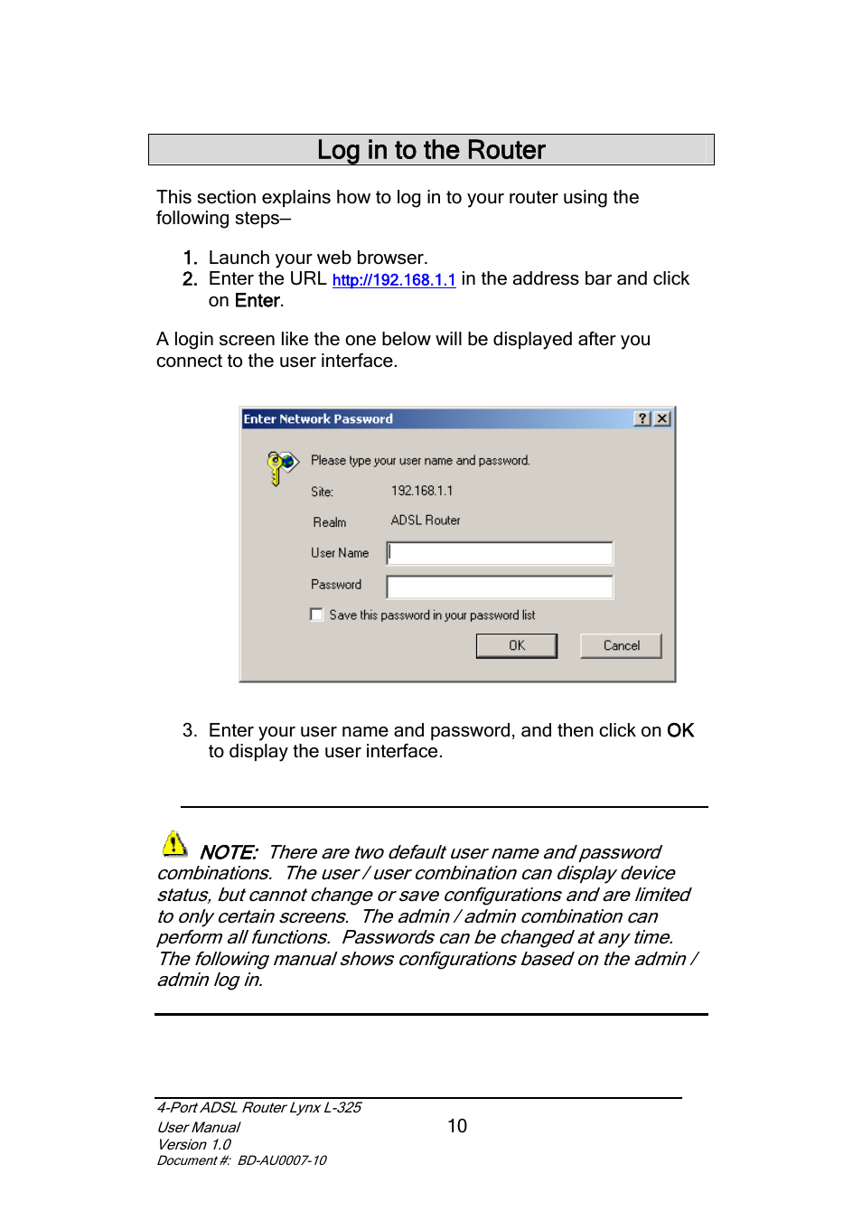 Log in to the router | Lynx L-325 User Manual | Page 11 / 54