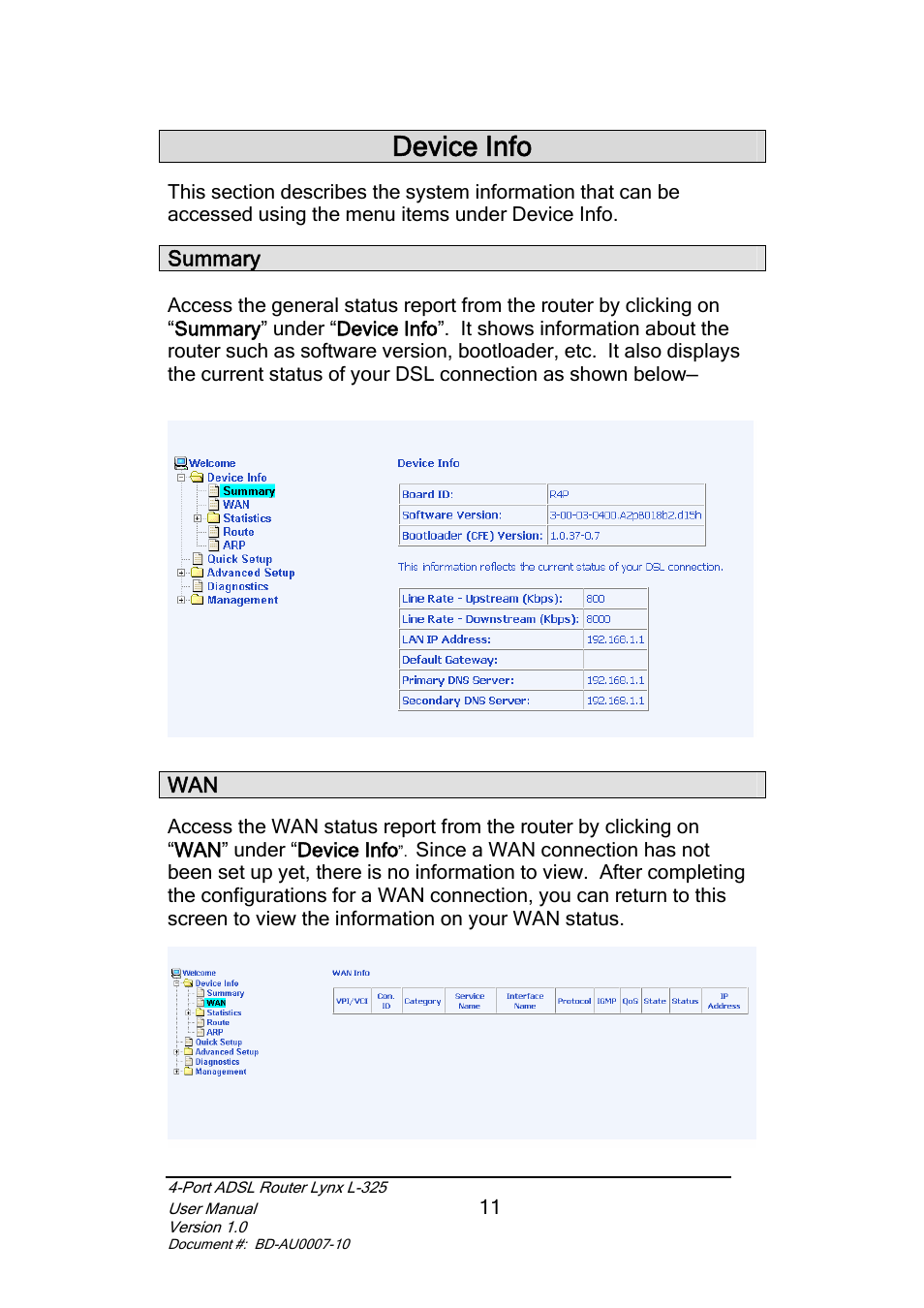 Device info, Summary | Lynx L-325 User Manual | Page 12 / 54