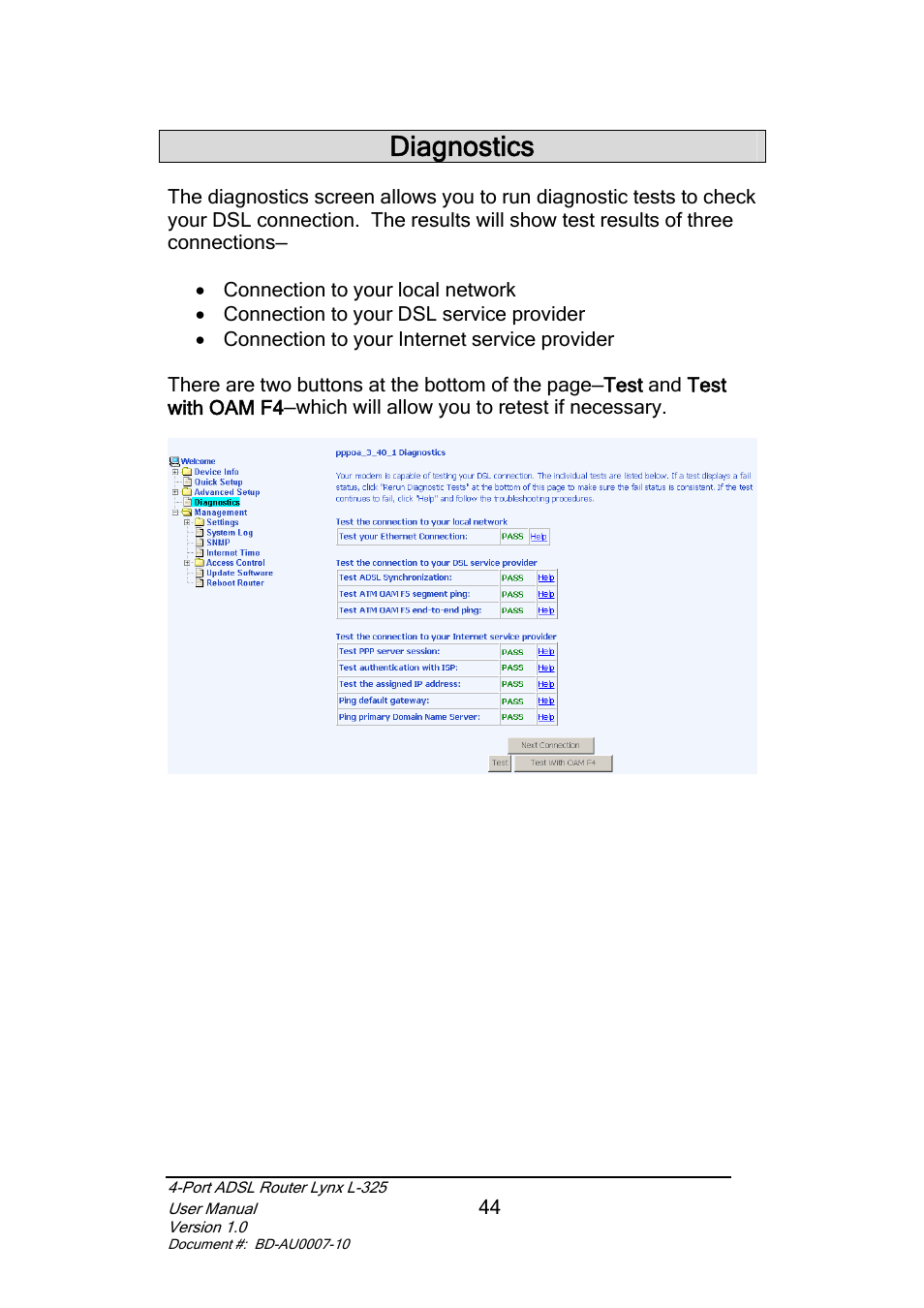 Diagnostics | Lynx L-325 User Manual | Page 45 / 54