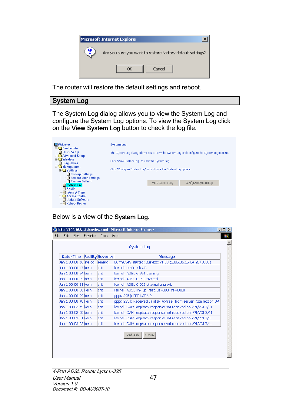 System log | Lynx L-325 User Manual | Page 48 / 54