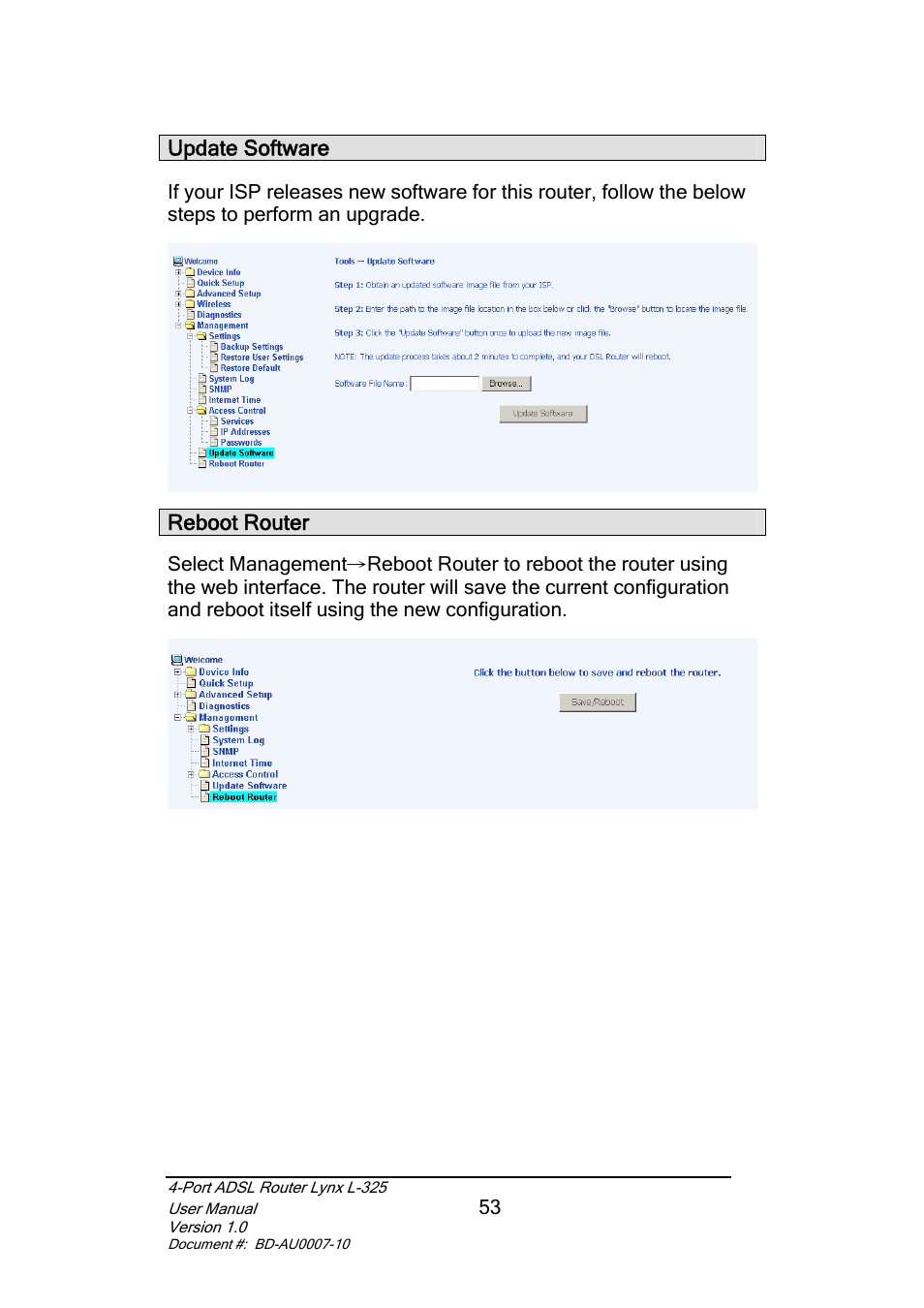 Update software, Reboot router | Lynx L-325 User Manual | Page 54 / 54