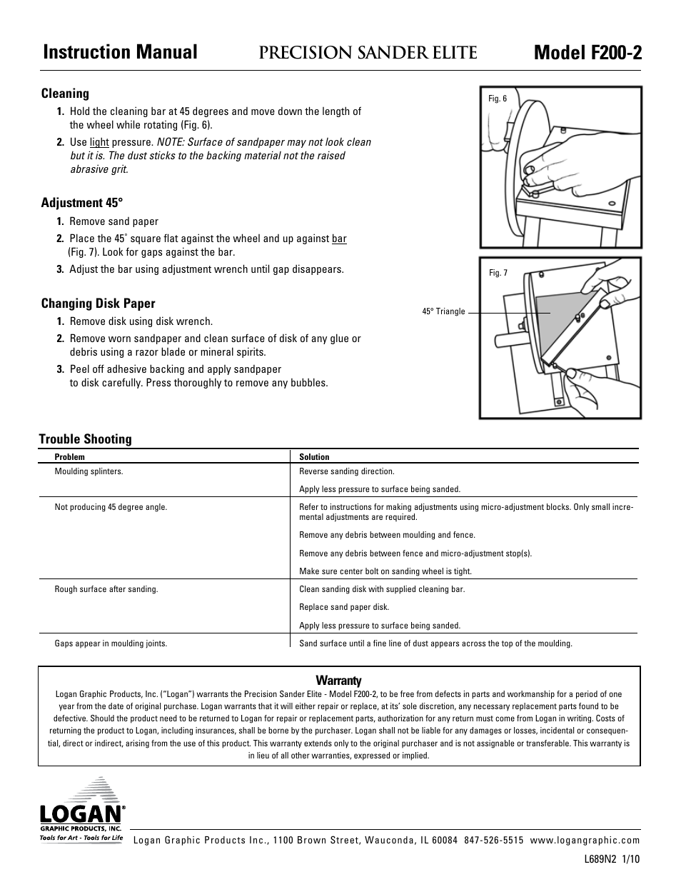 Instruction manual model f200-2, Precision sander elite, Trouble shooting | Warranty, Cleaning, Adjustment 45, Changing disk paper | Logan Graphic Products F200-2 User Manual | Page 4 / 4