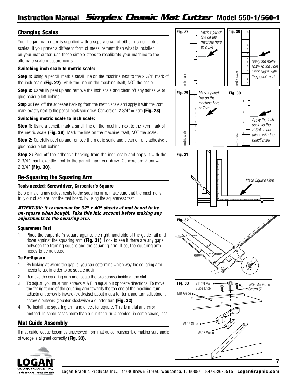 Simplex classic mat cutter, Instruction manual, Changing scales | Re-squaring the squaring arm, Mat guide assembly | Logan Graphic Products 550-1 User Manual | Page 7 / 8