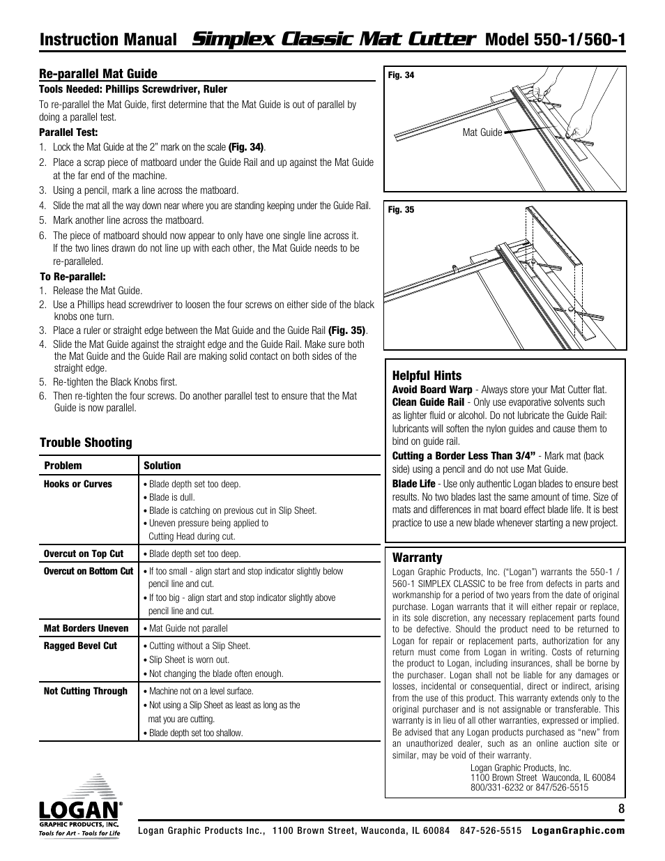 Simplex classic mat cutter, Instruction manual | Logan Graphic Products 550-1 User Manual | Page 8 / 8