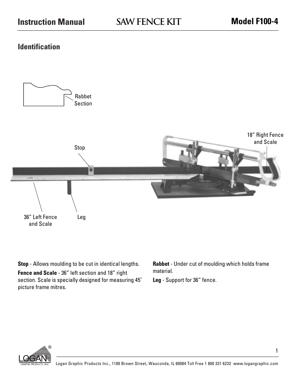 Instruction manual model f100-4 saw fence kit, Identification | Logan Graphic Products LONG F100-4 User Manual | Page 2 / 8