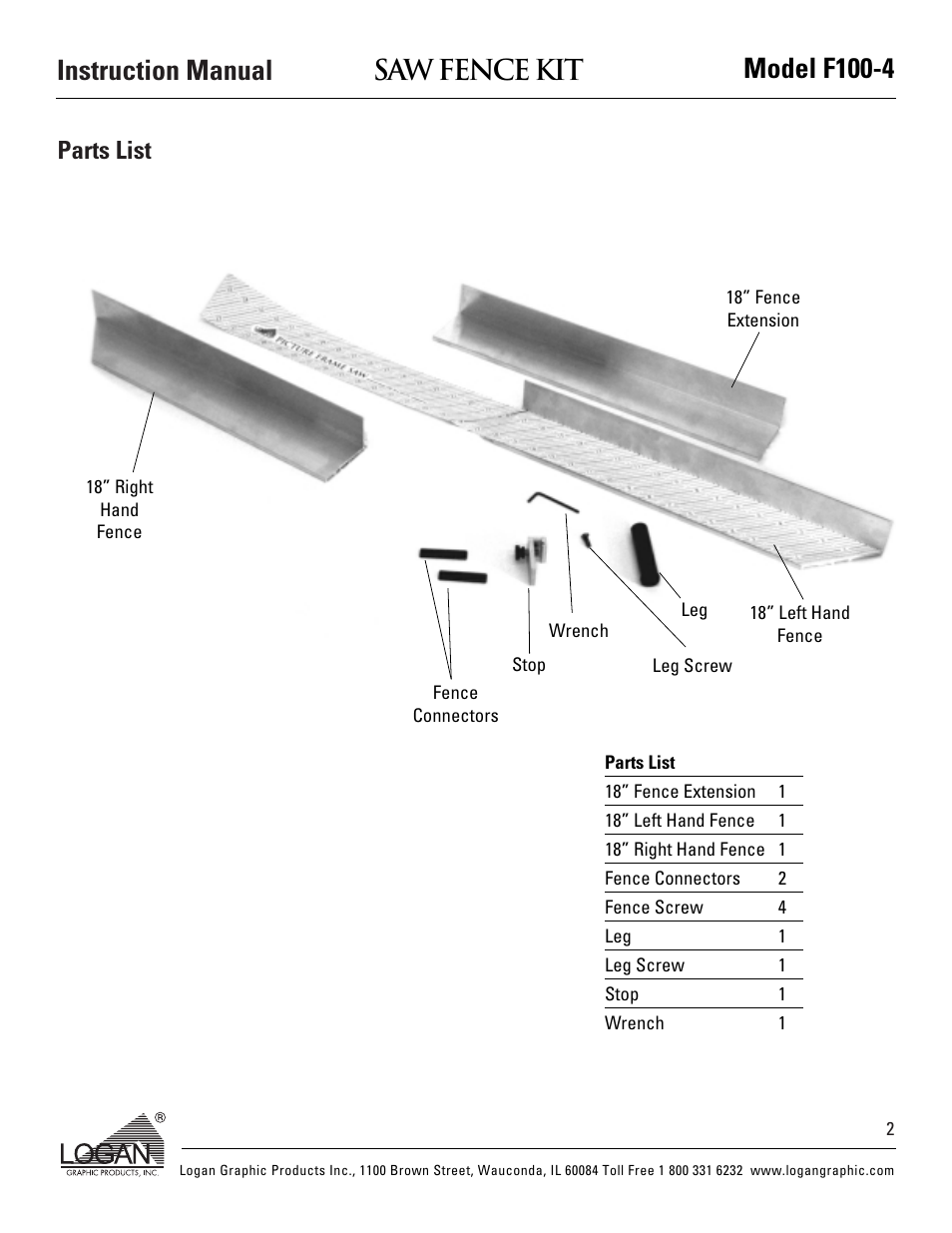 Instruction manual model f100-4 saw fence kit, Parts list | Logan Graphic Products LONG F100-4 User Manual | Page 3 / 8