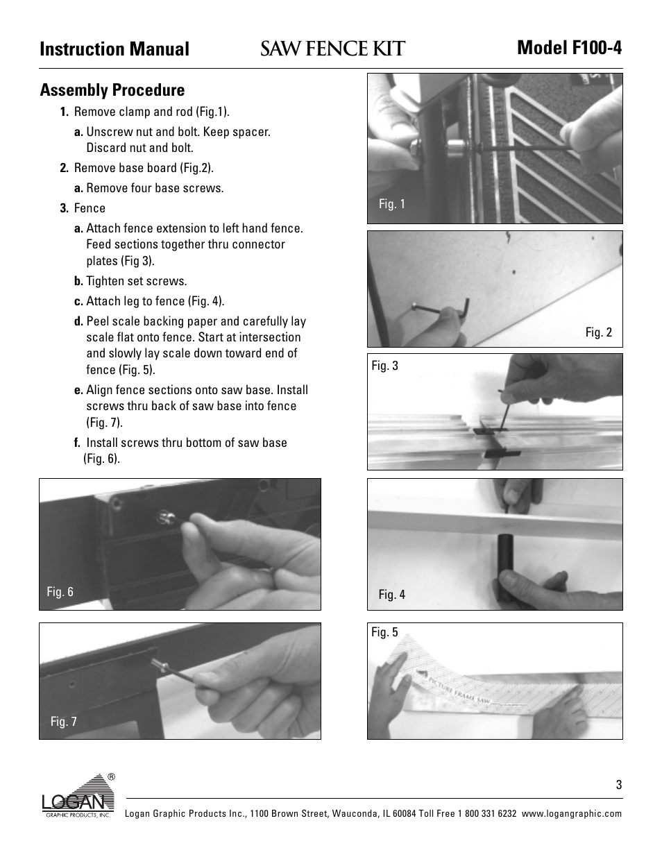 Instruction manual model f100-4 saw fence kit, Assembly procedure | Logan Graphic Products LONG F100-4 User Manual | Page 4 / 8