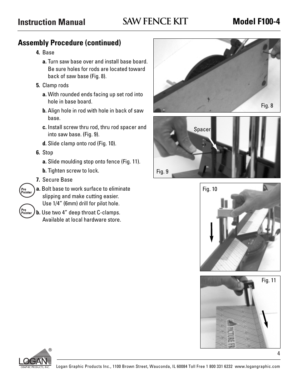 Instruction manual model f100-4 saw fence kit, Assembly procedure (continued) | Logan Graphic Products LONG F100-4 User Manual | Page 5 / 8