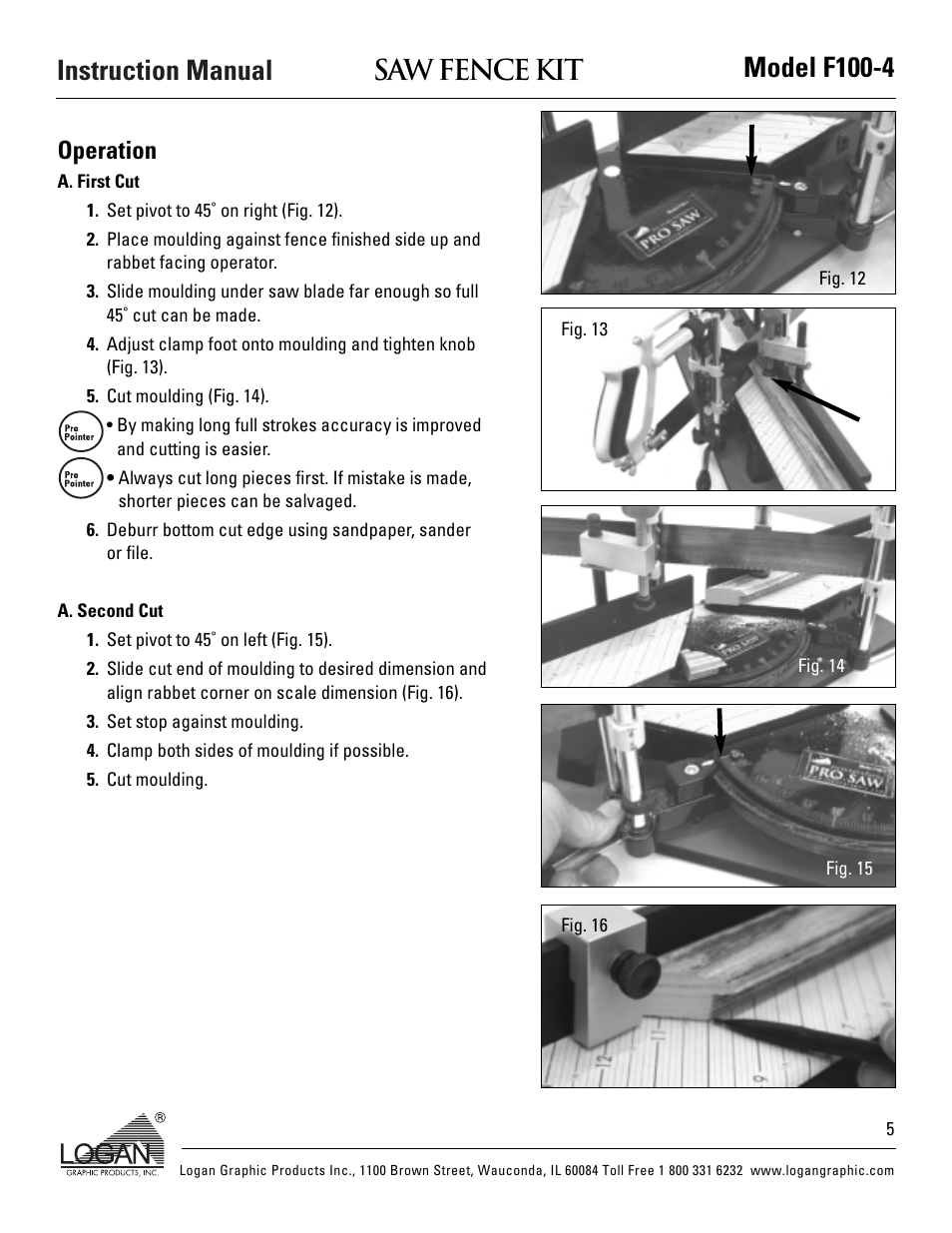 Instruction manual model f100-4 saw fence kit, Operation | Logan Graphic Products LONG F100-4 User Manual | Page 6 / 8