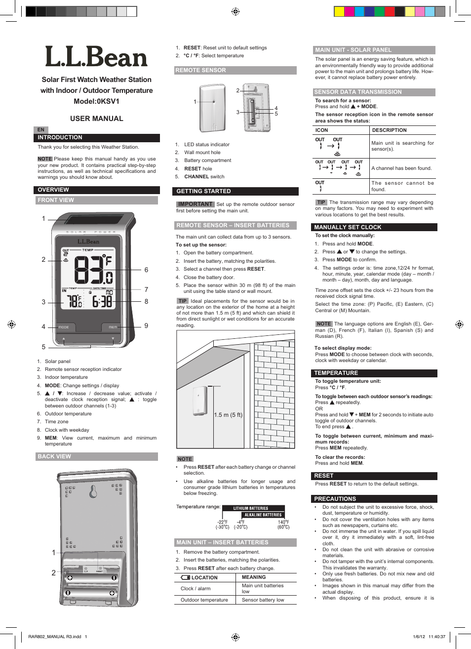 L.L. Bean Solar First Watch Weather Station OKSV1 User Manual | 2 pages